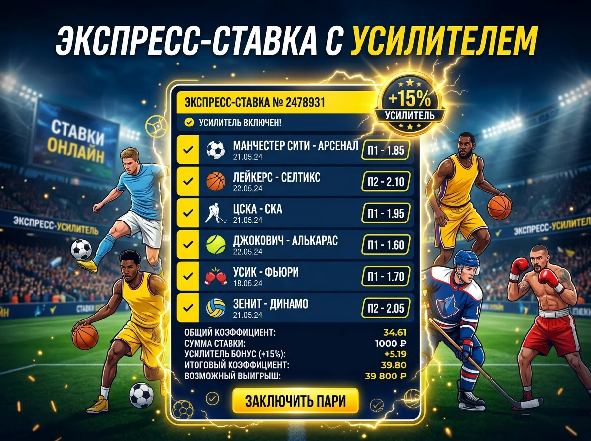 Экспресс-ставка с усилителем — множество спортивных событий объединены в одну карточку, жёлтый акцент